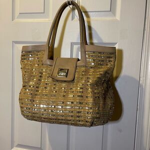 Kate Spade Jute and sequins Tan & Gold  shoulder bag leather beige straps & trim